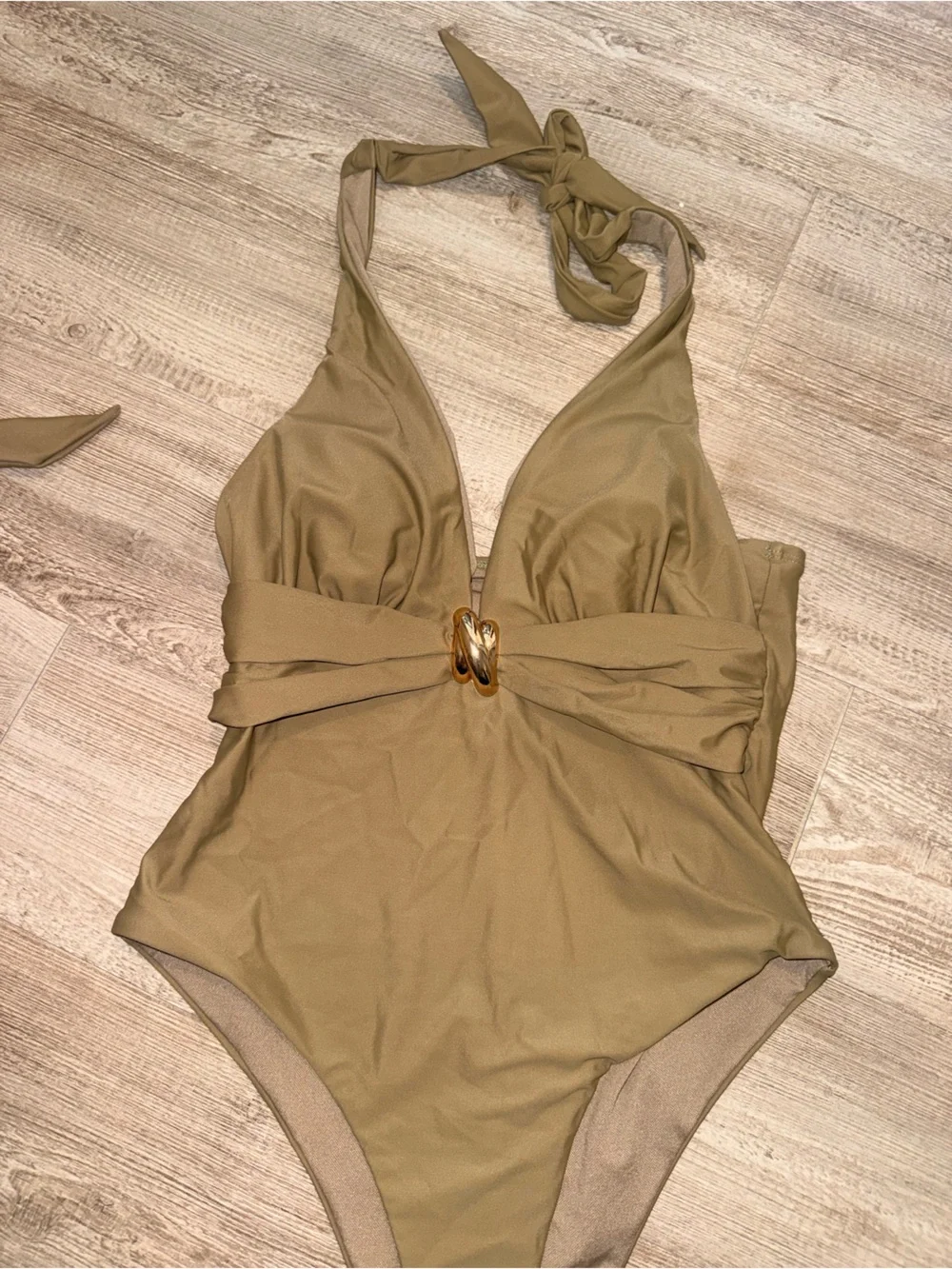 Halter Neck One Piece Swimsuit With Metal Ring Detail - Medium
